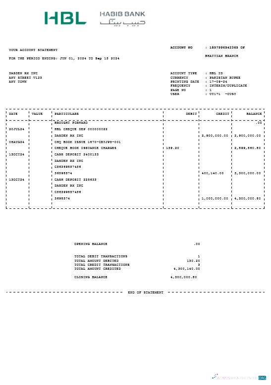Download PAKISTAN HBL business utility bill Word and PDF template Photoshop template